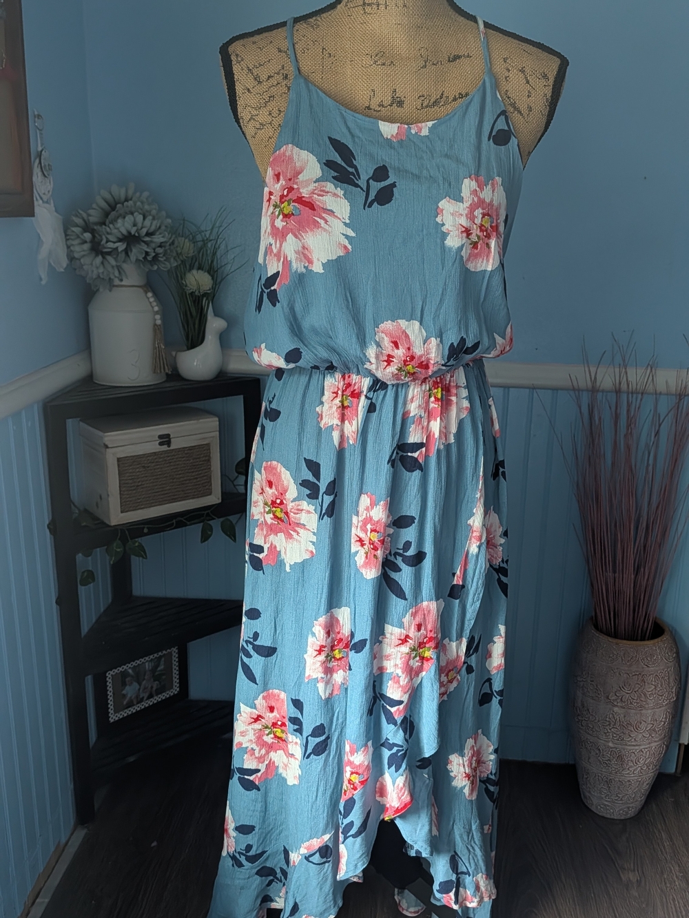 Brand New- Sky Blue Floral Maxi Dress with Pink Blooms